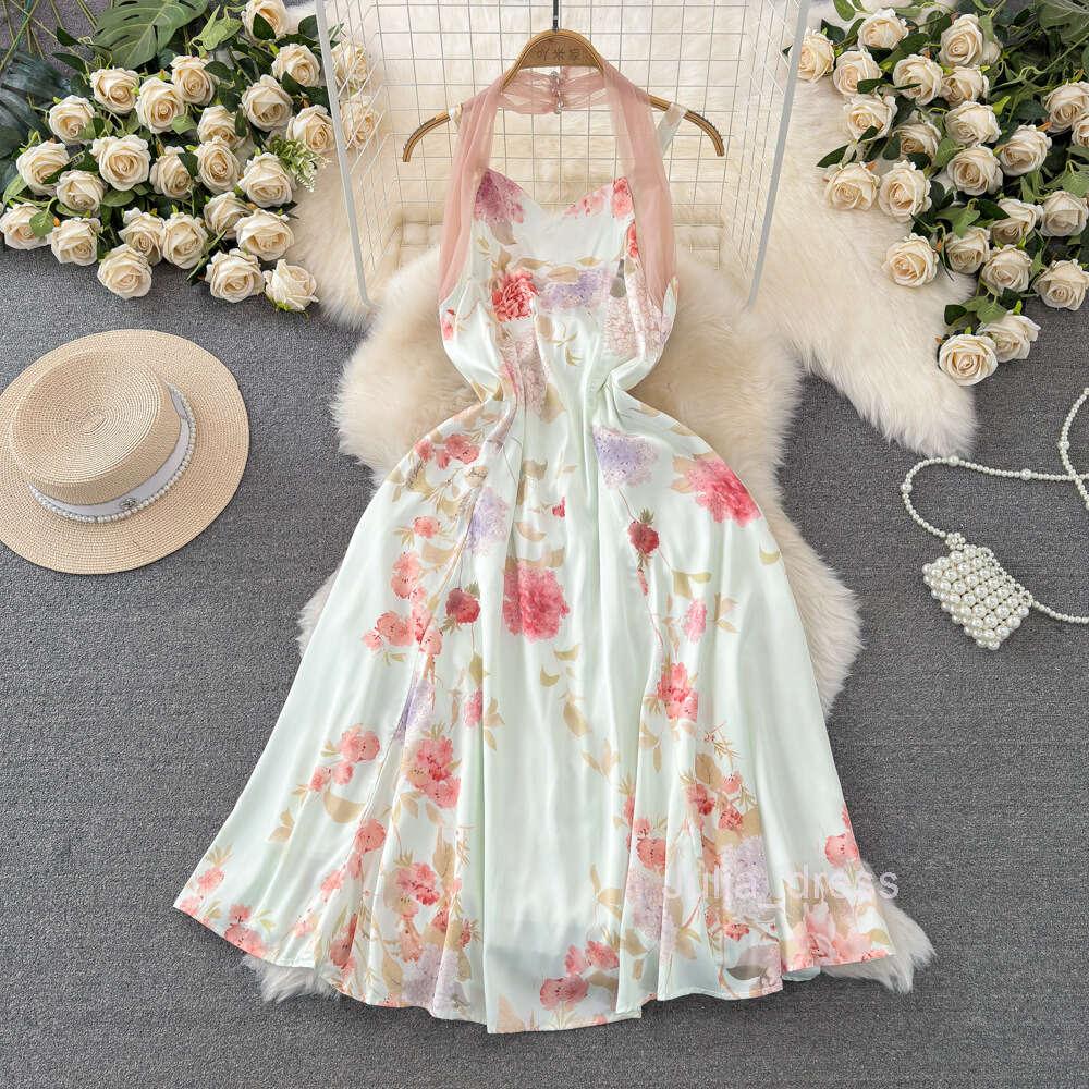 Gentle style neck hanging backless waist cinching slimming A-line large hem ruffled edge printed dress seaside vacation long dress