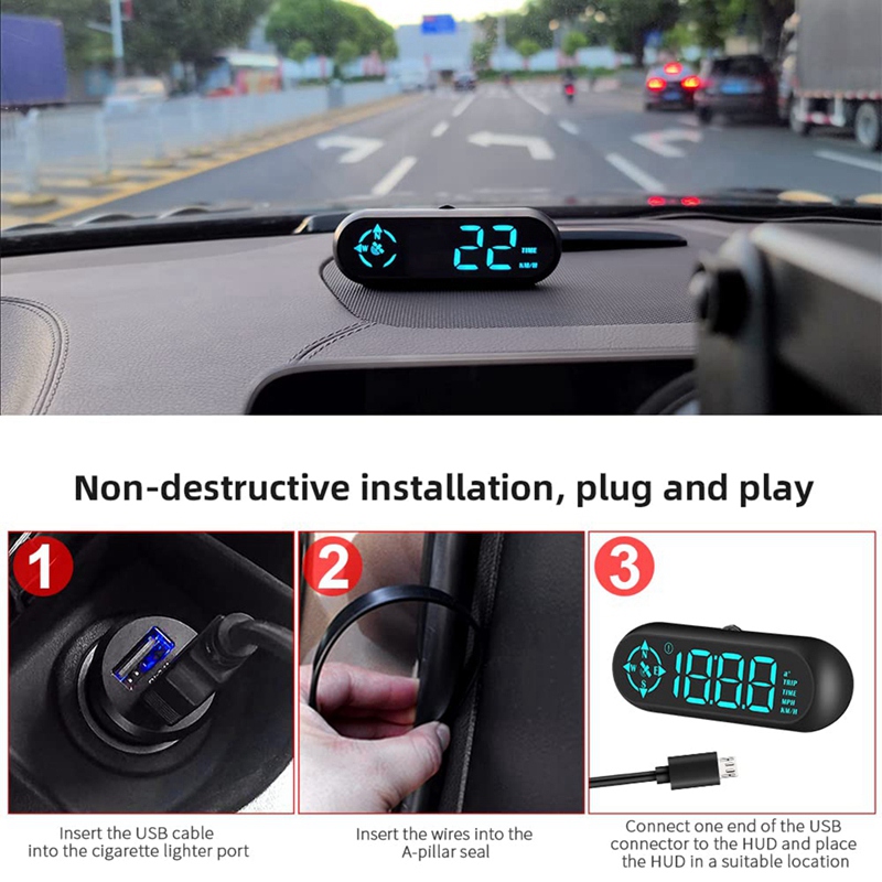 Car HUD Head Up Display With Speed MPH, Compass Driving Direction, Fatigue Driving Reminder