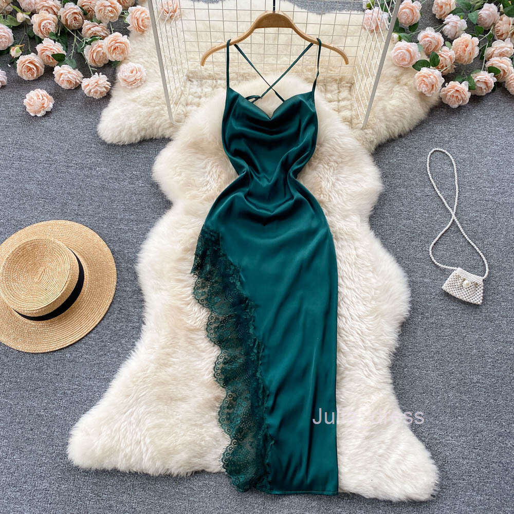 Satin Lace split hollow out suspender irregular dress female French Strapless celebrity sexy long skirt fashion
