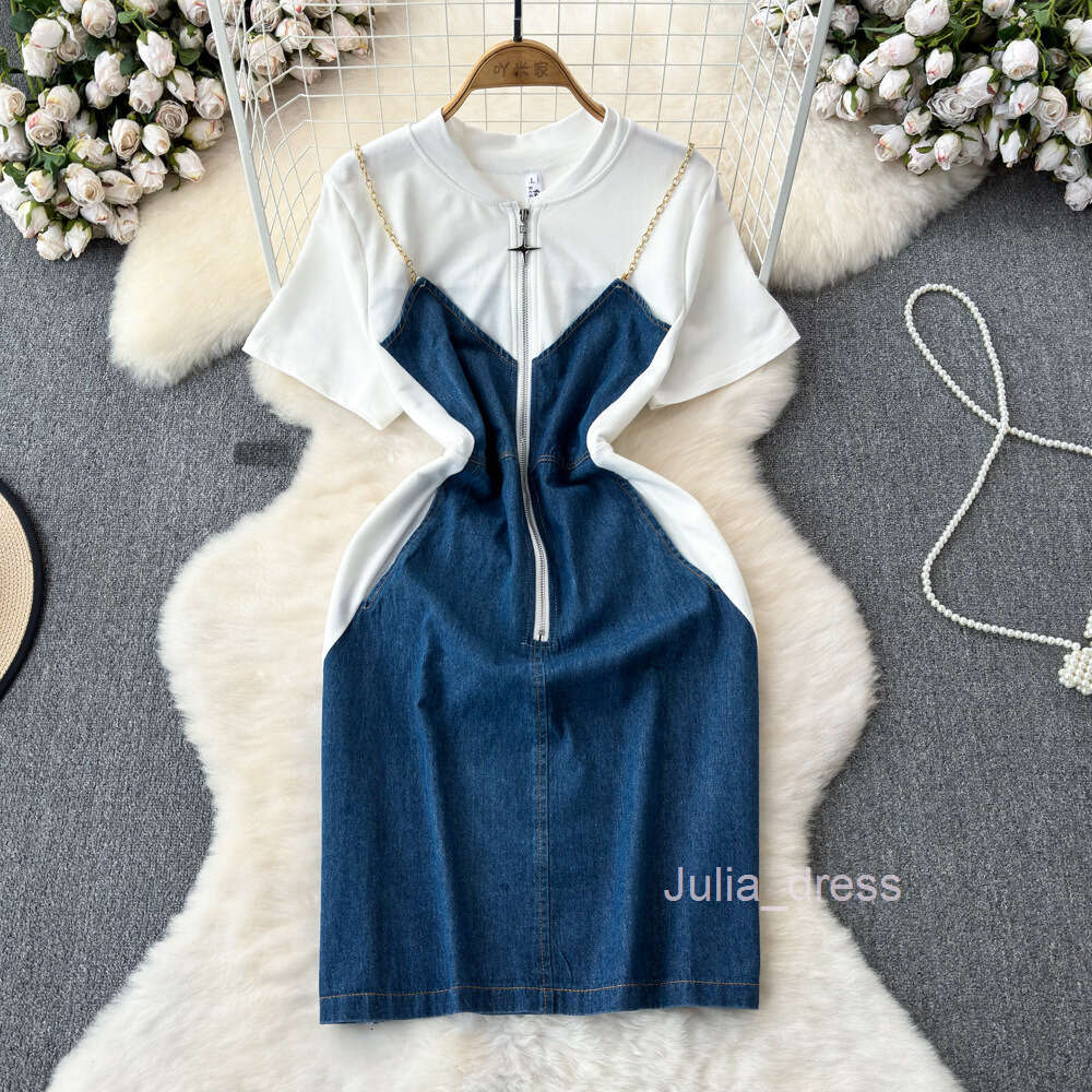 2024 Summer Korean Edition Fake Two Piece Contrast Color Short sleeved Round Neck Denim Spliced Waist Slimming A-line Slim Strap Dress