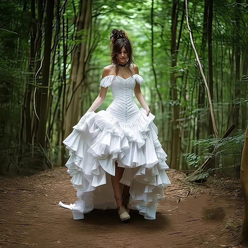 Gothic Steampunk High Low Wedding Dresses 2024 Tiers Ruffles Pleats Medieval Alternative victorian Bridal Gown White Black Color