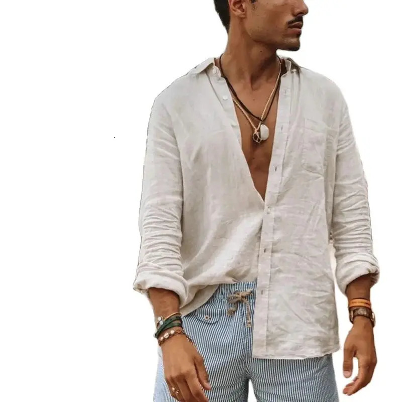Summer Mens Linen Long Sleeve Shirt Thin Cool Clothes Loose Hawaiian Korean Fashion Street Dress Tshirt 240531