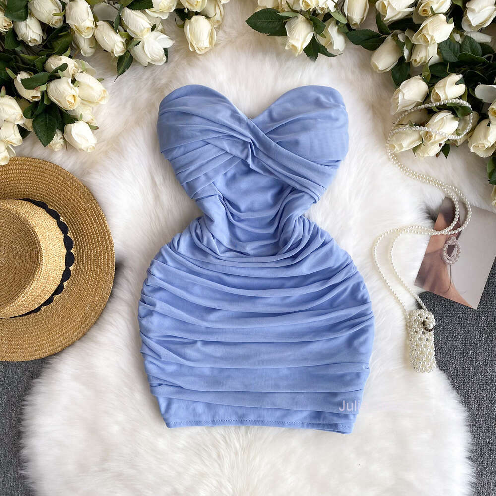 Sexy Sleeveless Strapless Dress For Women With Pure Desire Spicy Girls Scheming Pleated Slim Fit Buttocks Wrapped Small Figure Mesh Short Skirt