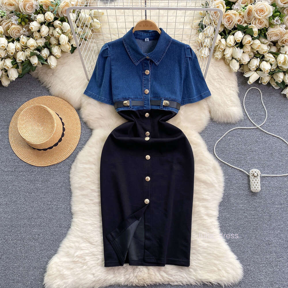 Design Fake Two Piece Womens Cowboy Short Sleeve Contrast Panel Mid length Over Knee Split Wrap Hip Skirt