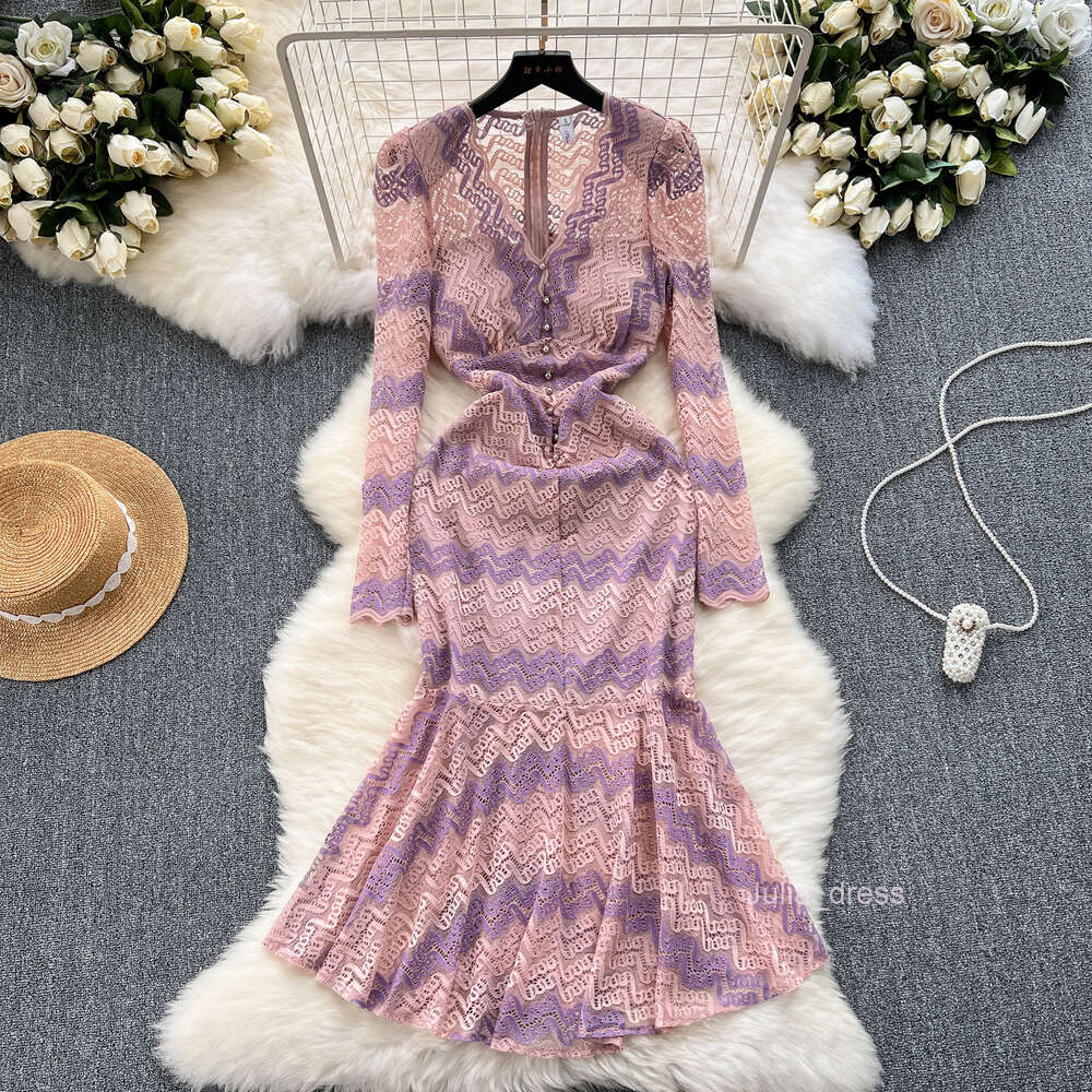 Light mature style womens clothing design with wavy edges V-neck buckle slim fit medium length lace fishtail skirt elegant dress