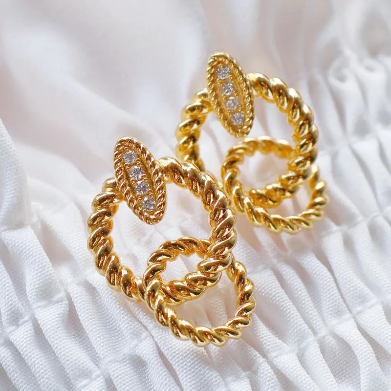 CxsJeremy Solid 18K Yellow Gold Classic Hollow Double Ring Natural Diamond Stud Earrings Au750 Twisted Hoops Earrings 240528