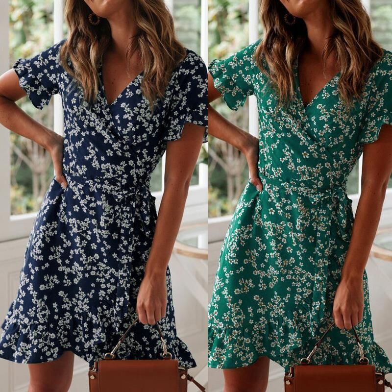 Lilac Floral Wrap Dress Women Summer Casual Flare Sleeve Boho Print Mini Sundress Sexy V Neck Streetwear Ladies Short Dresses 210521