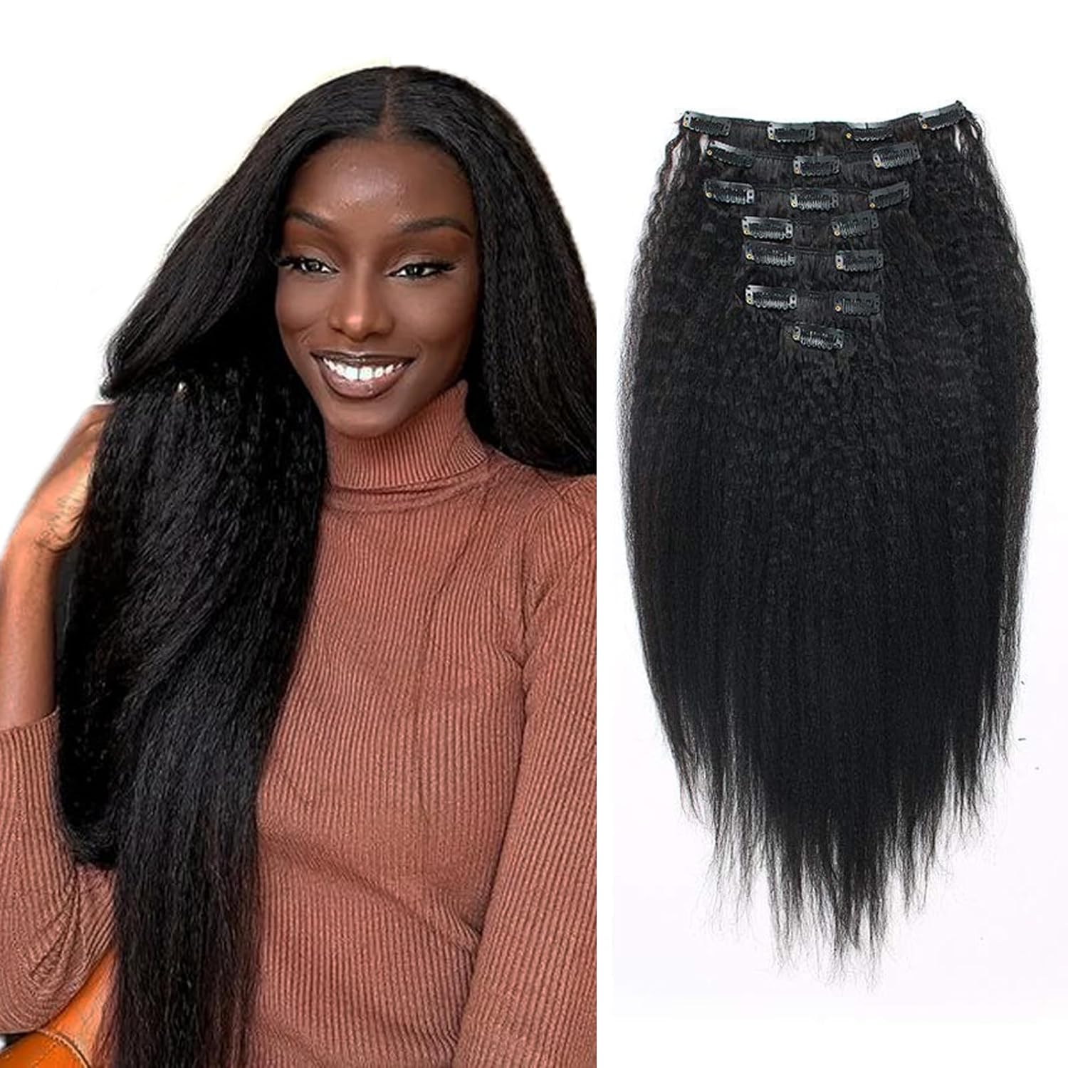 Kinky Straight Clip In Human Hair Extensions Natural Black 7pieces/set 8pcs/set 120Grams