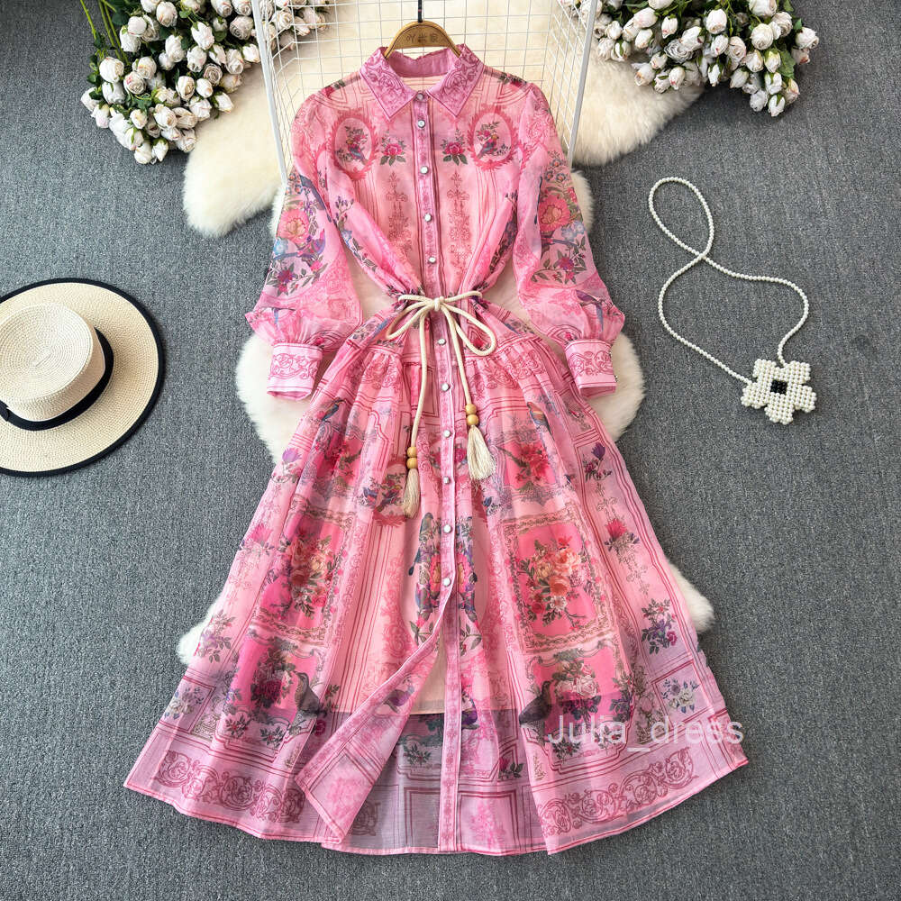 Spring and Autumn Palace Style Lantern Long sleeved Flip Collar Waist Slimming Single breasted A-line Printed Shirt Dress