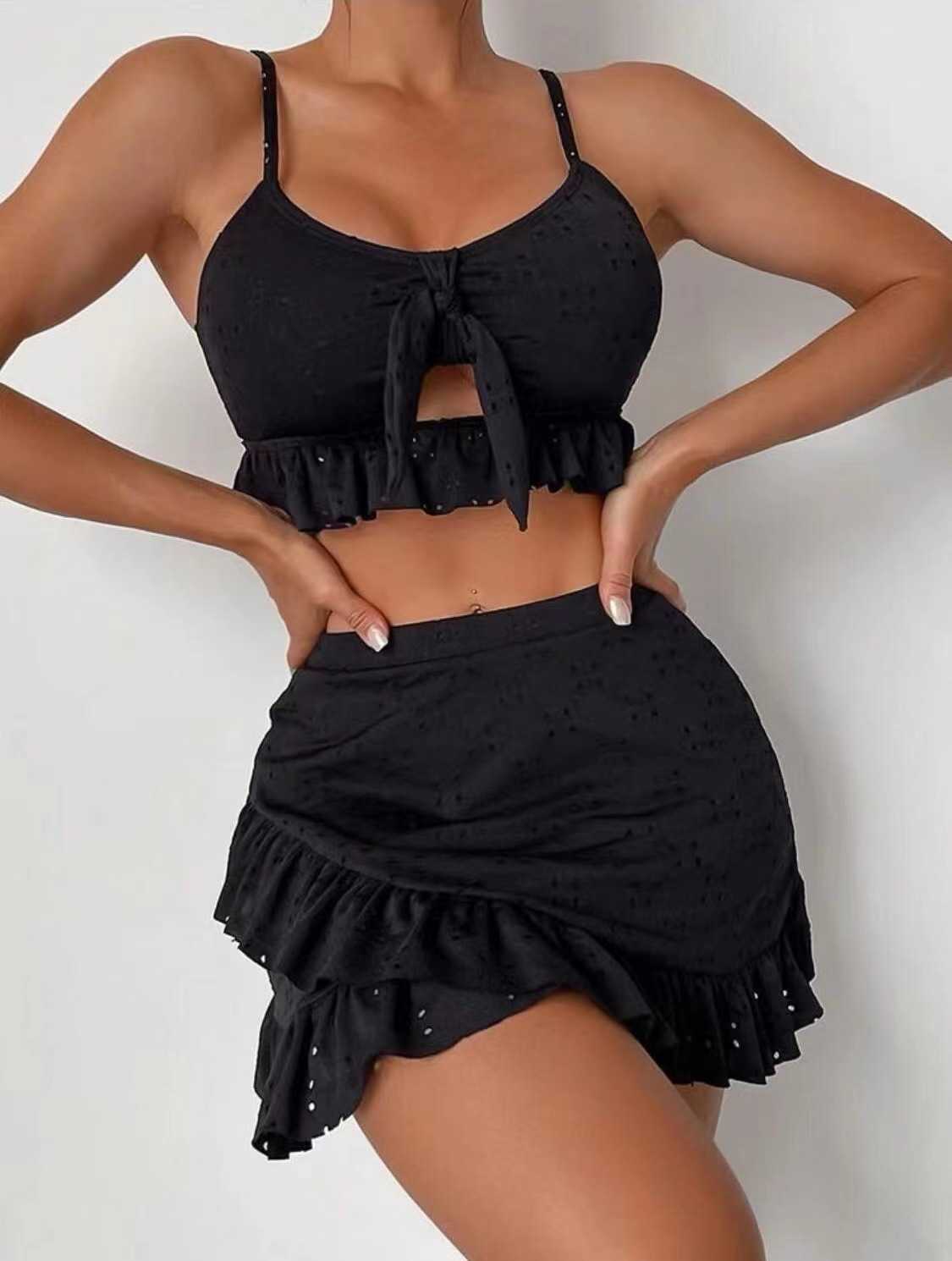 Women's Swimwear Sexy Black Lace Ruffled Swimsuit High Waisted Bikinis Set Women Swimwear Camis Bottom Bathing Swimming Suit Bikini 2024 Mujer Y2
