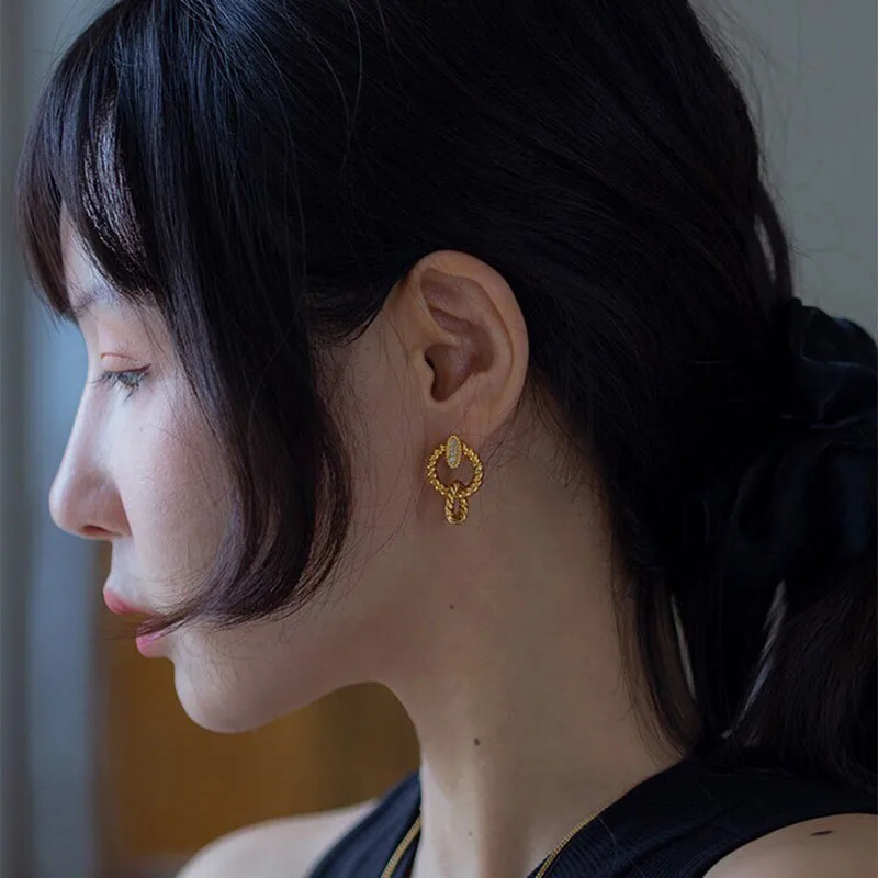 CxsJeremy Solid 18K Yellow Gold Classic Hollow Double Ring Natural Diamond Stud Earrings Au750 Twisted Hoops Earrings 240528