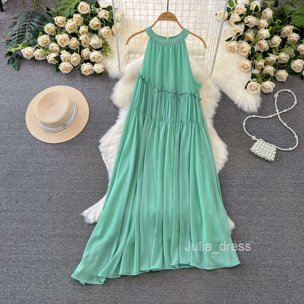 Fashionable high-end feeling light luxury socialite temperament hanging neck off shoulder loose A-line chiffon dress seaside vacation long dress