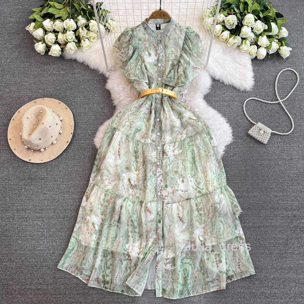 Summer New Round Neck Lotus Leaf Sleeves Single breasted Lace up Waist for Slimming French Elegance and Elegance Dress for Women
