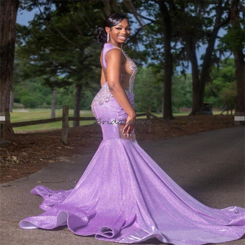 Sparkly Lilac Diamond Prom Dresses For Black Women Rhinestone Mermaid Plus Size Evening Dress Sweep Train Elegant Sixteen Birthday Party Dress Robe De