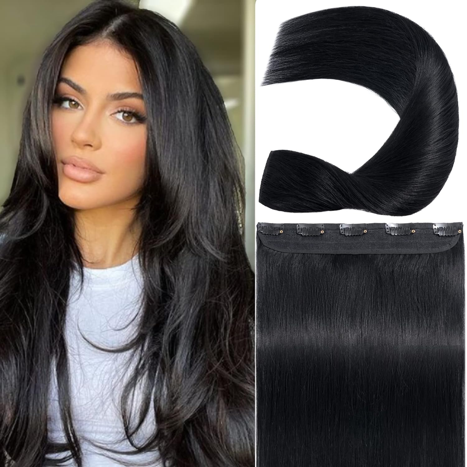 Straight One Piece Clip in Hair Extensions Brazilian Human Hair One Piece 5 Clips Double Weft Natural Black Color 100 grams