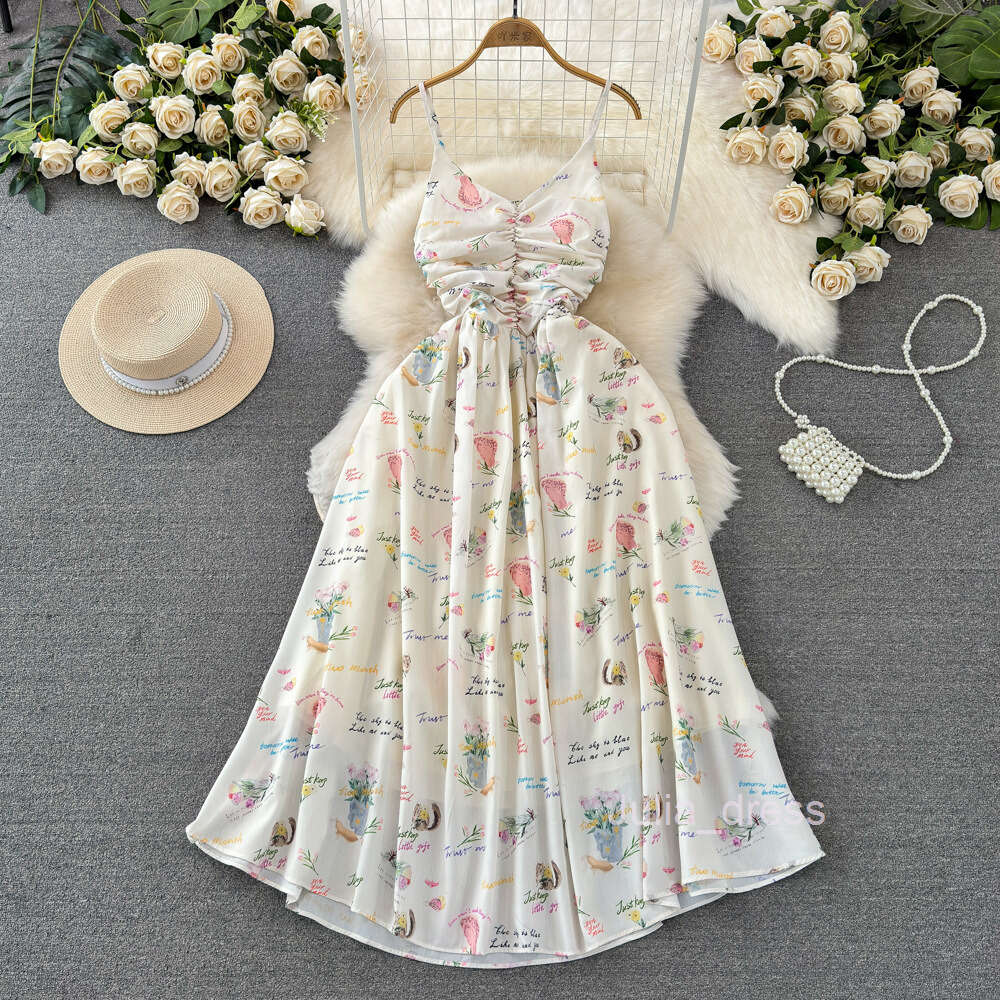Beach resort style V-neck waist slimming mid length A-line suspender dress fashionable and elegant temperament long skirt in summer