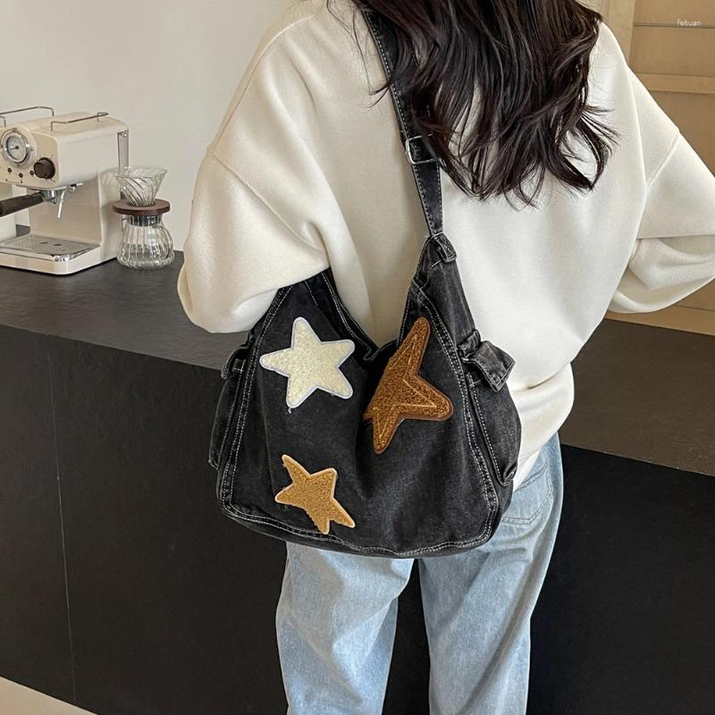 Shoulder Bags Star Denim Bag Large Capacity Trendy Crossbody With Zipper Adjustable Strap Everyday Purse Multi Pocket For Women