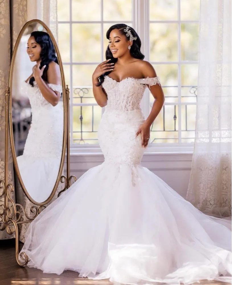 Elegant Mermaid Wedding Dress For Bride Off Shoulder Lace Corset Back Sweep Train Pearls Beading Africa Summer Bridal Gowns Robe De Mariee Bc18689 061