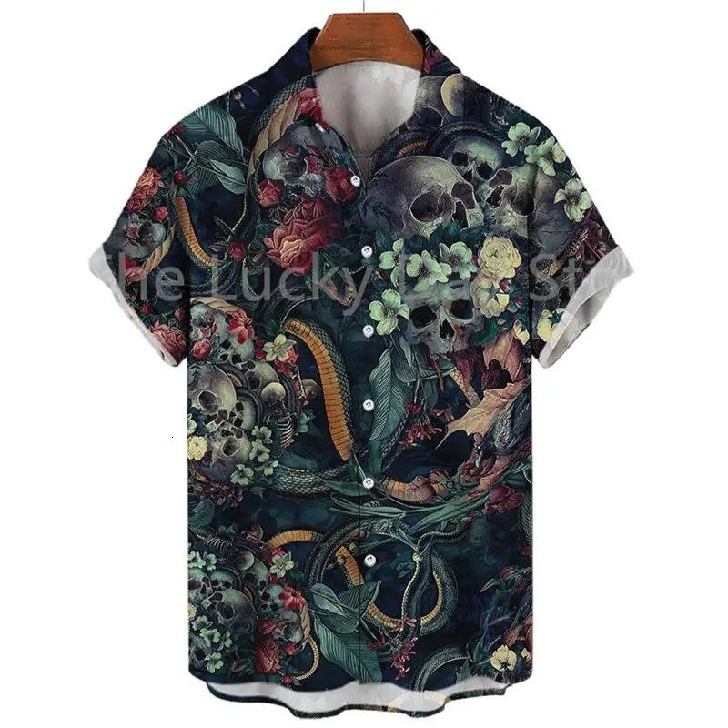 Mens Summer Skull Fashion Y2k Hawaiian Oversized Short Sleeve Shirt Casual Clothing Harajuku Pattern Social Vintage Camisa 240529