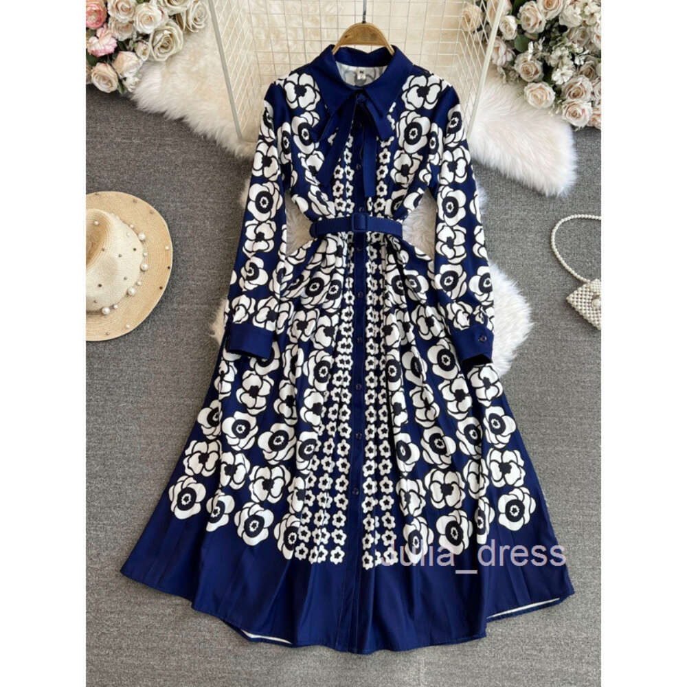 Fashionable luxury and socialite temperament long sleeved lapel waistband slimming effect single breasted A-line positioning printed large hem dress