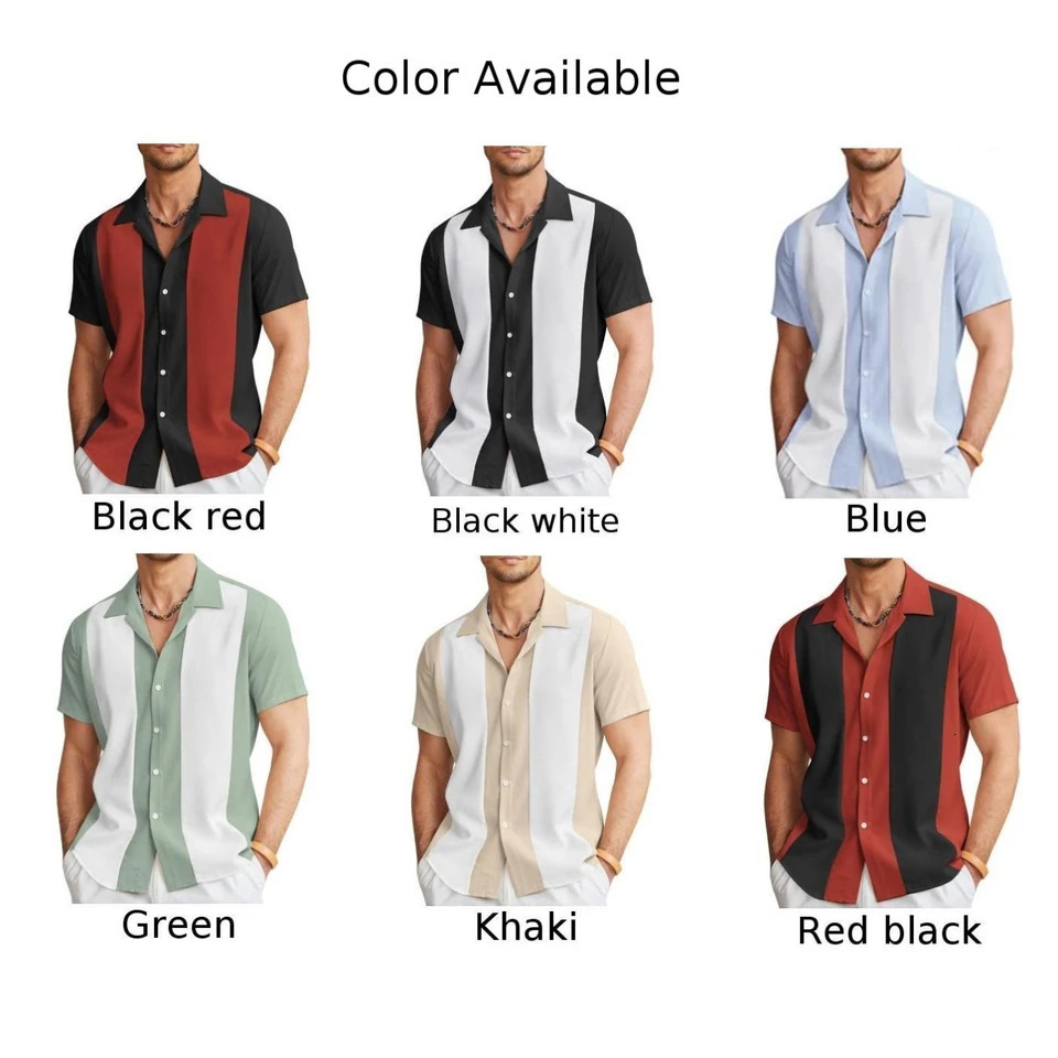 Fashion Men Casual Vintage Bowling Shirt Hawaiian Short Sleeve Button Down Loose Shirt Cotton Oxford Striped Mens Clothing 240529
