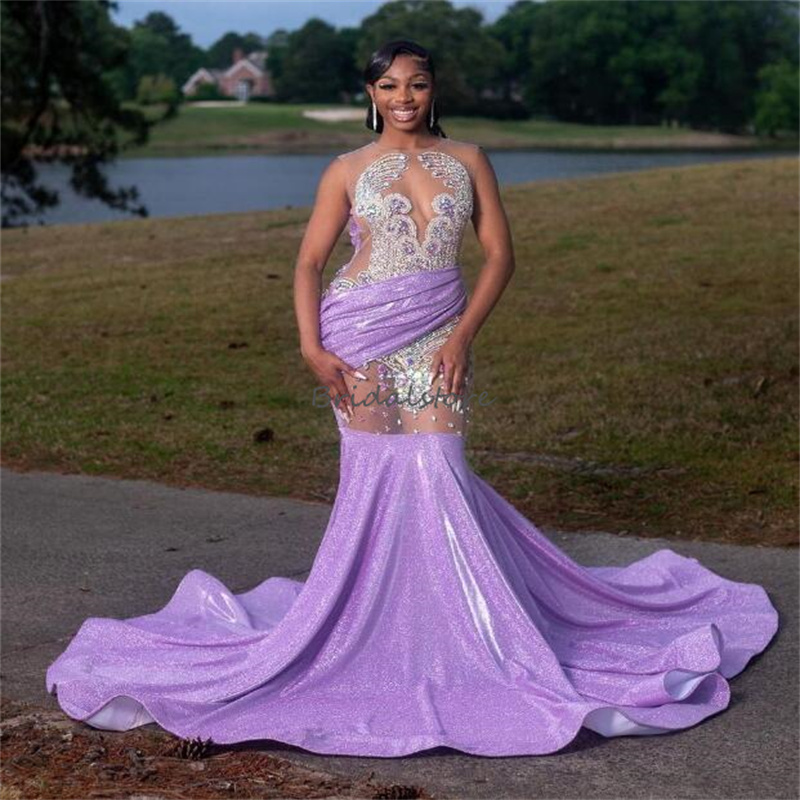 Sparkly Lilac Diamond Prom Dresses For Black Women Rhinestone Mermaid Plus Size Evening Dress Sweep Train Elegant Sixteen Birthday Party Dress Robe De