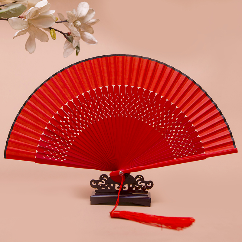 Red Solid Color Women's Dance Hand Folding Fan Personalized Wedding Fan Bamboo Fan Chinese Style Silk Fan Household Hand Fan