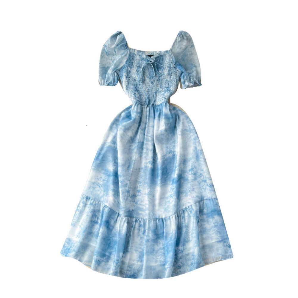 French Bubble Sleeves Dress Womens Design Feel Irregular Halo Dye Elastic Slim Fit Mid length Ruffle Edge Fake Skirt