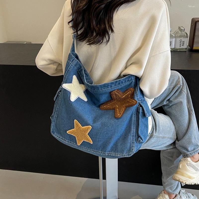 Shoulder Bags Star Denim Bag Large Capacity Trendy Crossbody With Zipper Adjustable Strap Everyday Purse Multi Pocket For Women