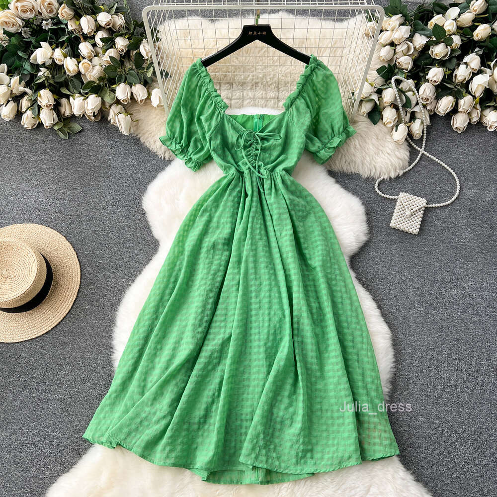 Green dress womens sweet wooden ear edge bubble sleeves one line collar off the shoulder two piece French high-end holiday dress