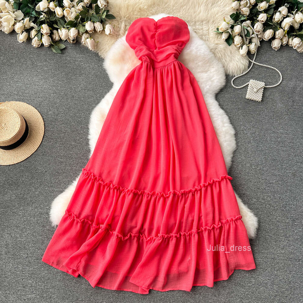 Sexy strapless vacation dress for women sweet bow tie waist cinching slim and long style with large hem and ruffle edge skirt