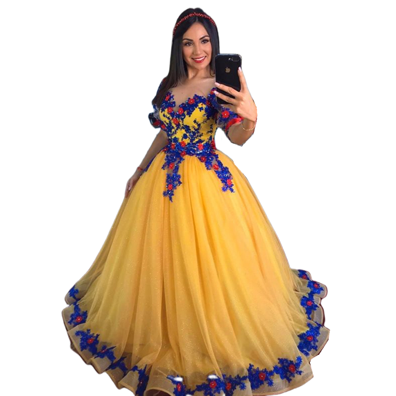Cinderella Princess Quinceanera Dresses Short Sleeves Royal Blue Lace Appliques Long Tulle Prom Sweet 16 Dress Mix Colors Birthday Party Dress Vestido