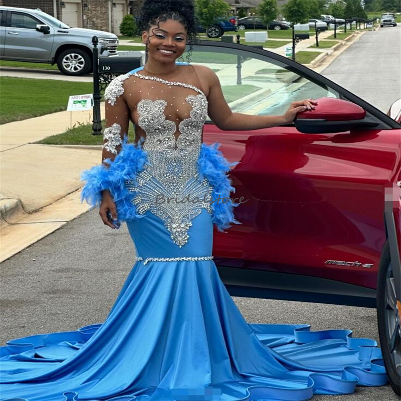 Luxury Blue Diamond Prom Dresses With Feather One Shoulder Long Sleeve Mermaid Evening Gowns Rhinestone Black Women Birthday Dress Formal Illusion Plu