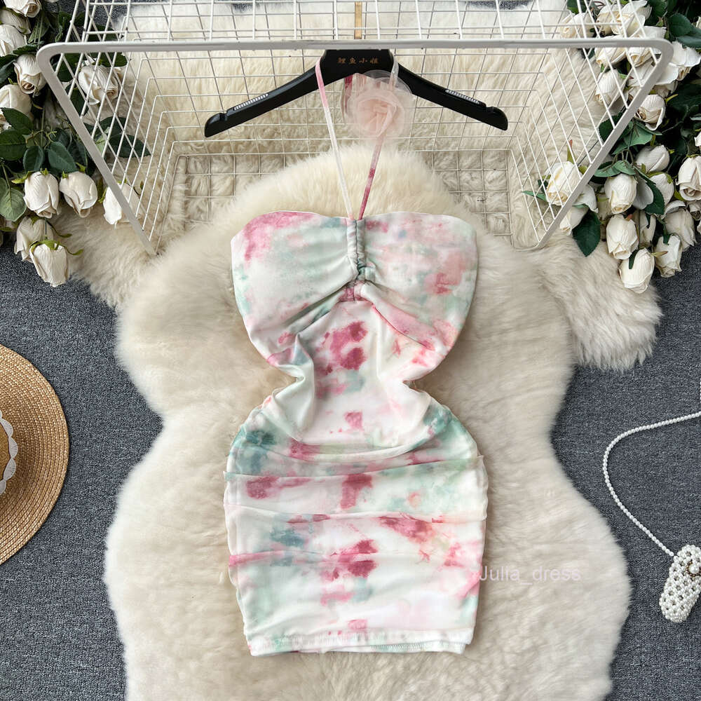 Pure Desire Wind 2024 New Dresses for Sweet and Spicy Girls with an Atmosphere Feeling Bra Neck Hanging Hip Wrapping and Mesh Vacation Dress