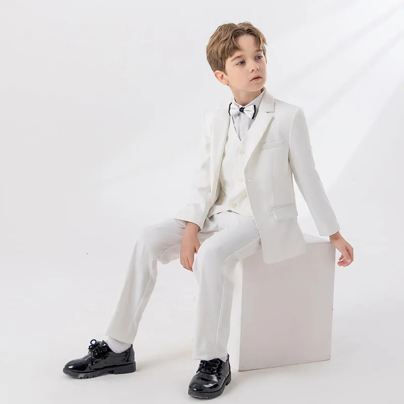 Child Autumn Formal White Suit Set Kids Performance Piano Host Wedding Party Pography Costume Kids Blazer Vest Pants Bowtie 240531