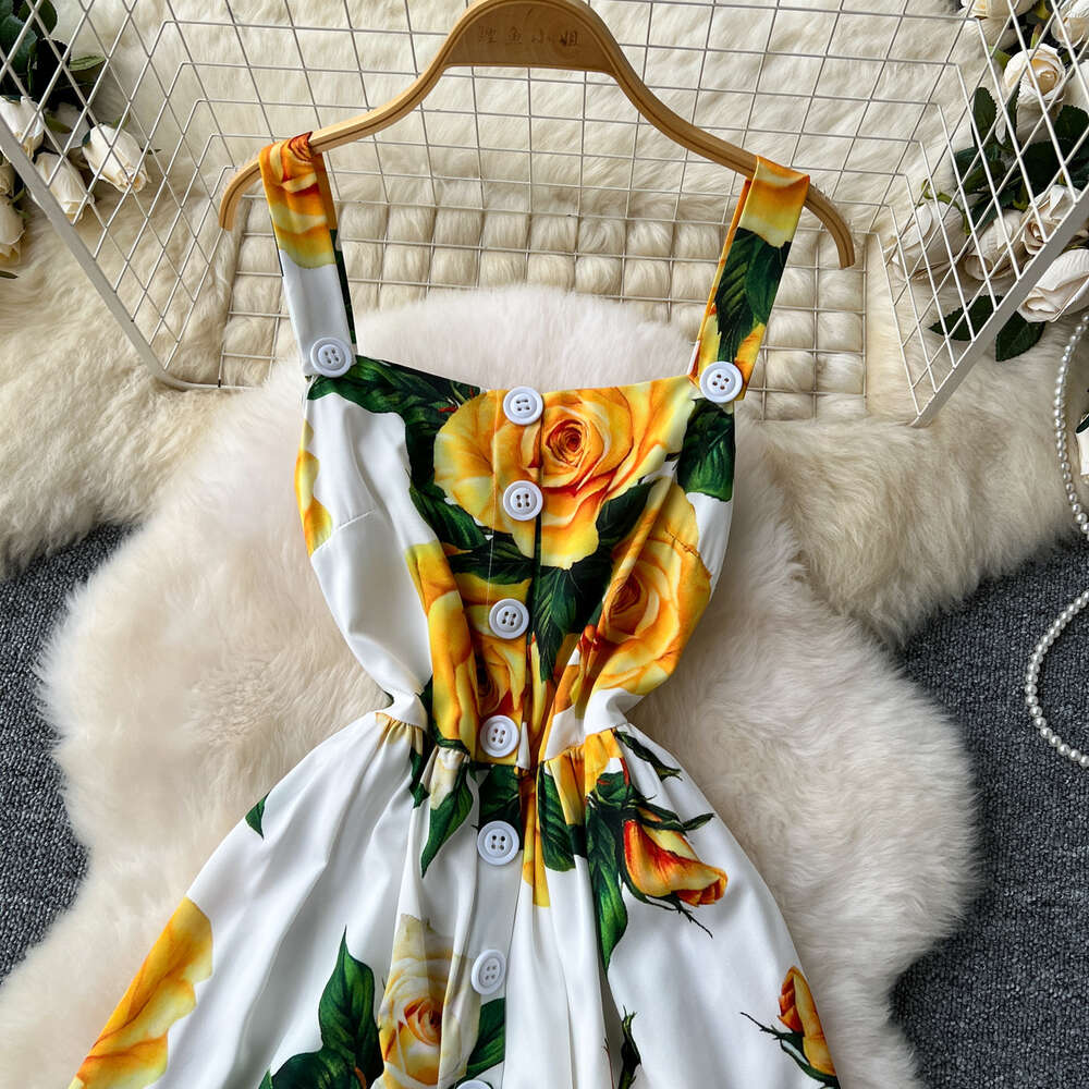 Celebrity temperament vacation camisole dress womens single breasted design slim fit waistband large hem printed long skirt