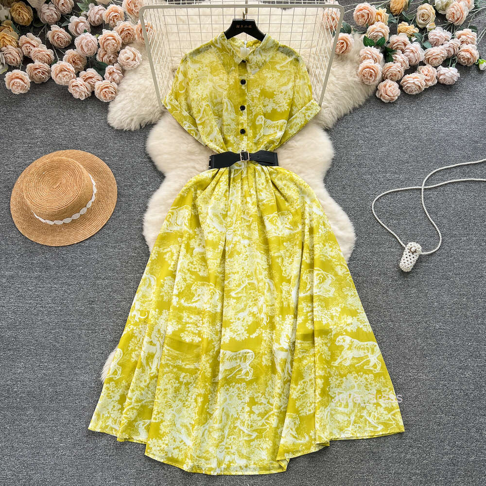 French printed shirt collar buckle slim fit long hem high-end and elegant dress for women 2024 new