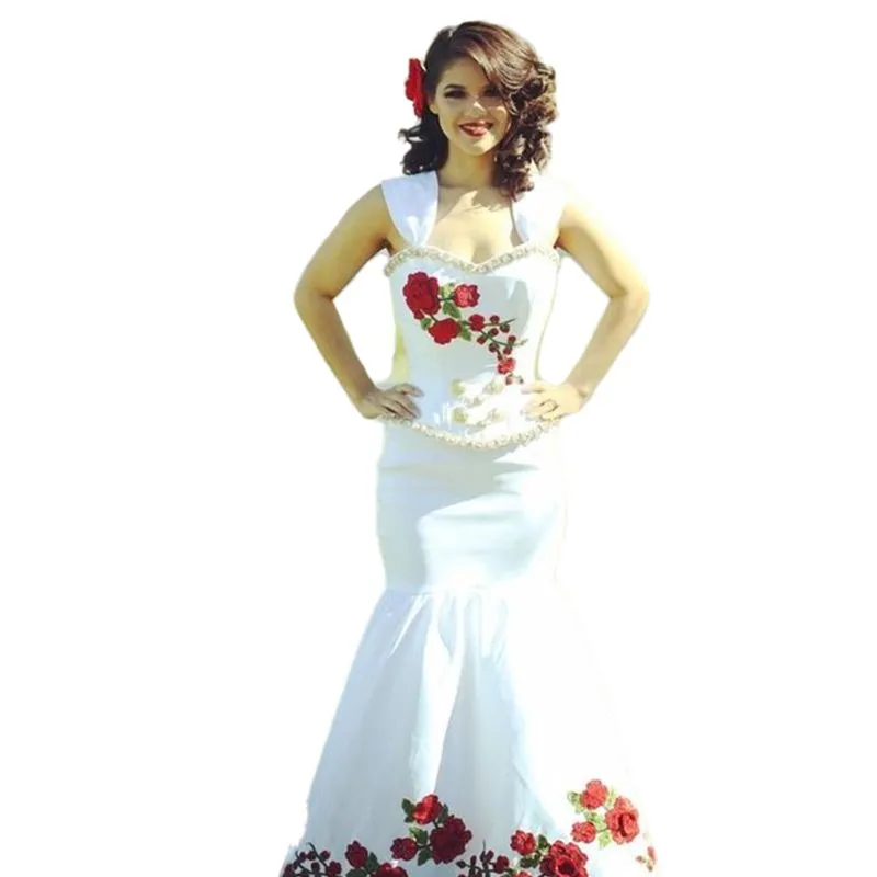 Mexico Red Floral Embroidery Mermaid Wedding Dresses Crystals Beaded Bridal Gowns Country Farm Vestido De Novia 2024