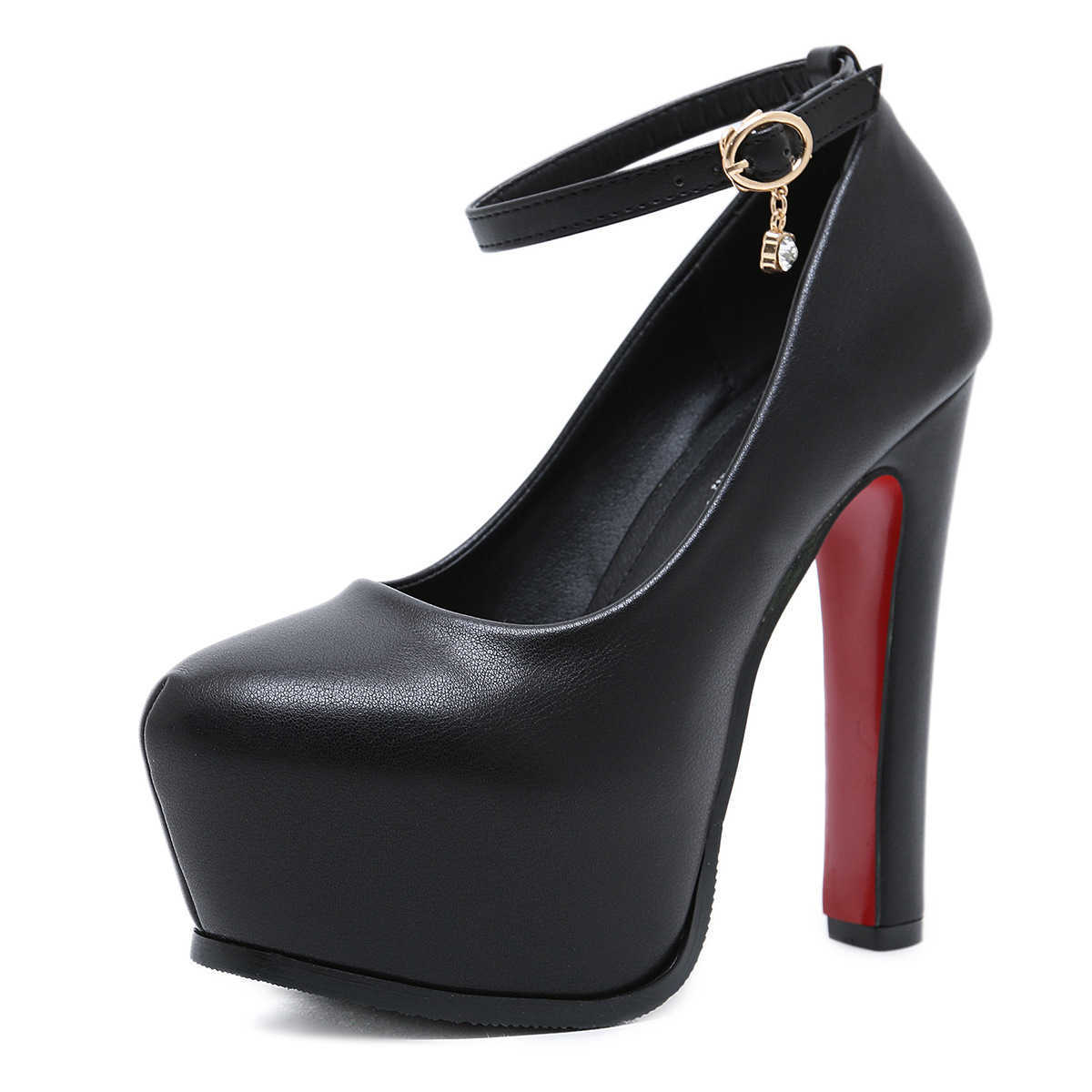 2025 Heels red bottomed shoes Q9 single buckle belt high heels for women coarse single shoes round toe waterproof platform thick soled T-platform shoe