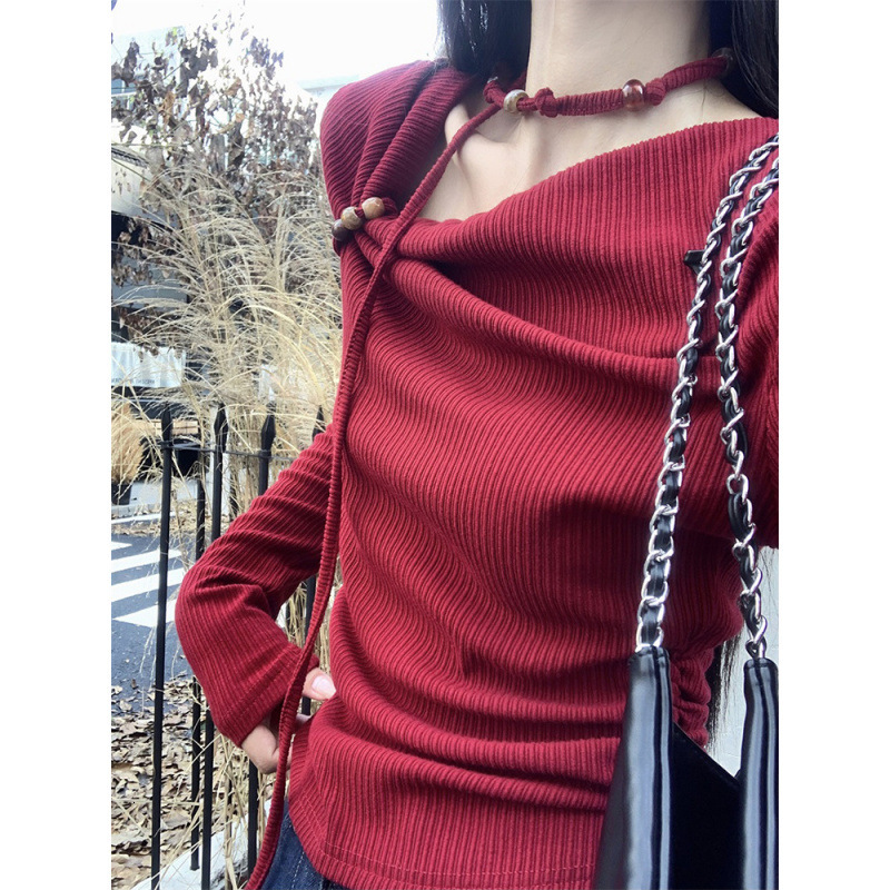 New Angola Red Bead Long Sleeve Knitted Women's Early Autumn New Tie up Folding Slim Fit Top Slant Shoulder Designer Sweater