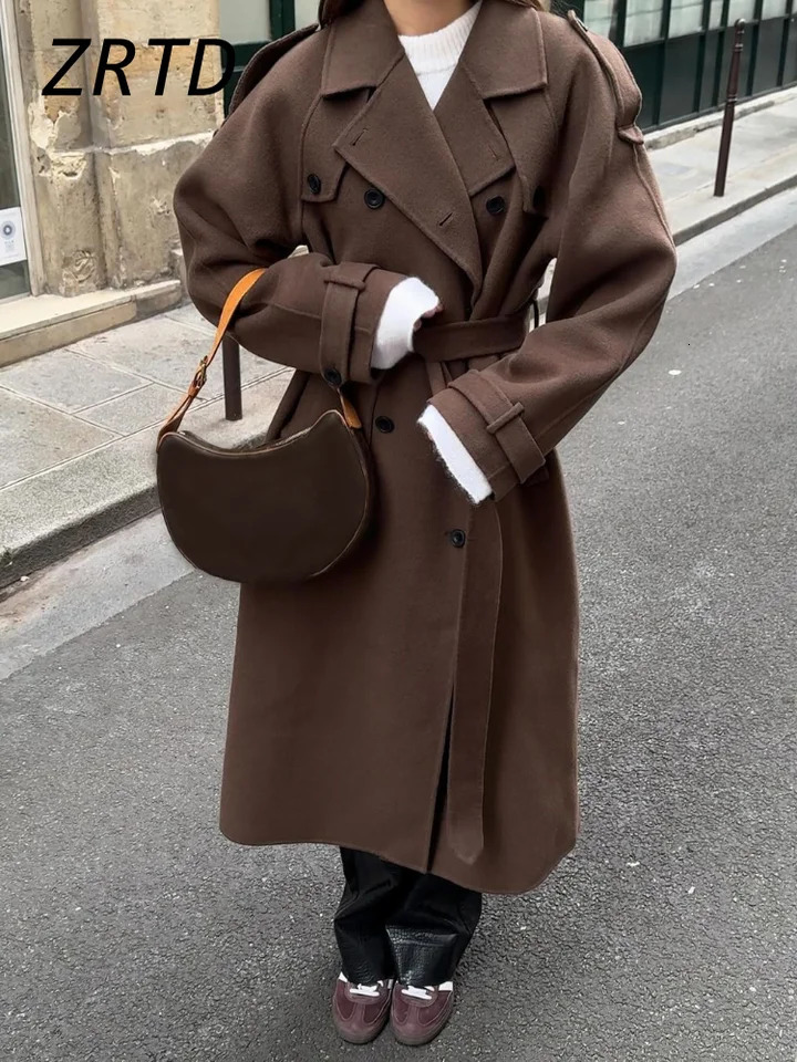 Street Womens Woolen Overcoat With Belt Loose Lapel Double Breasted Full Sleeve Long Coats 2024 Autumn Winter Lady Trench Coat 241121