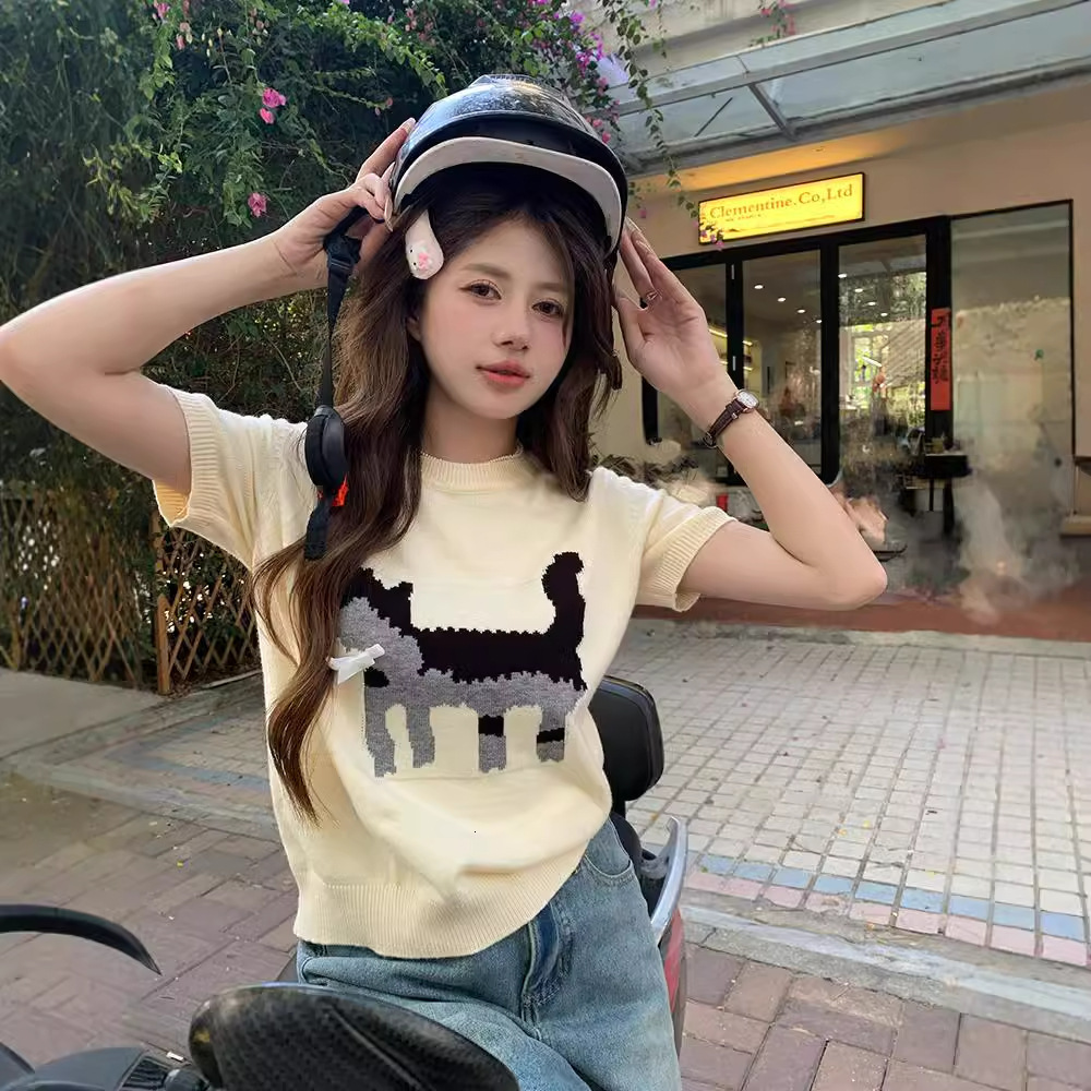 Winter new grey jacquard women's T-shirt loose round neck knitted shirt designer short sleeved top Ins