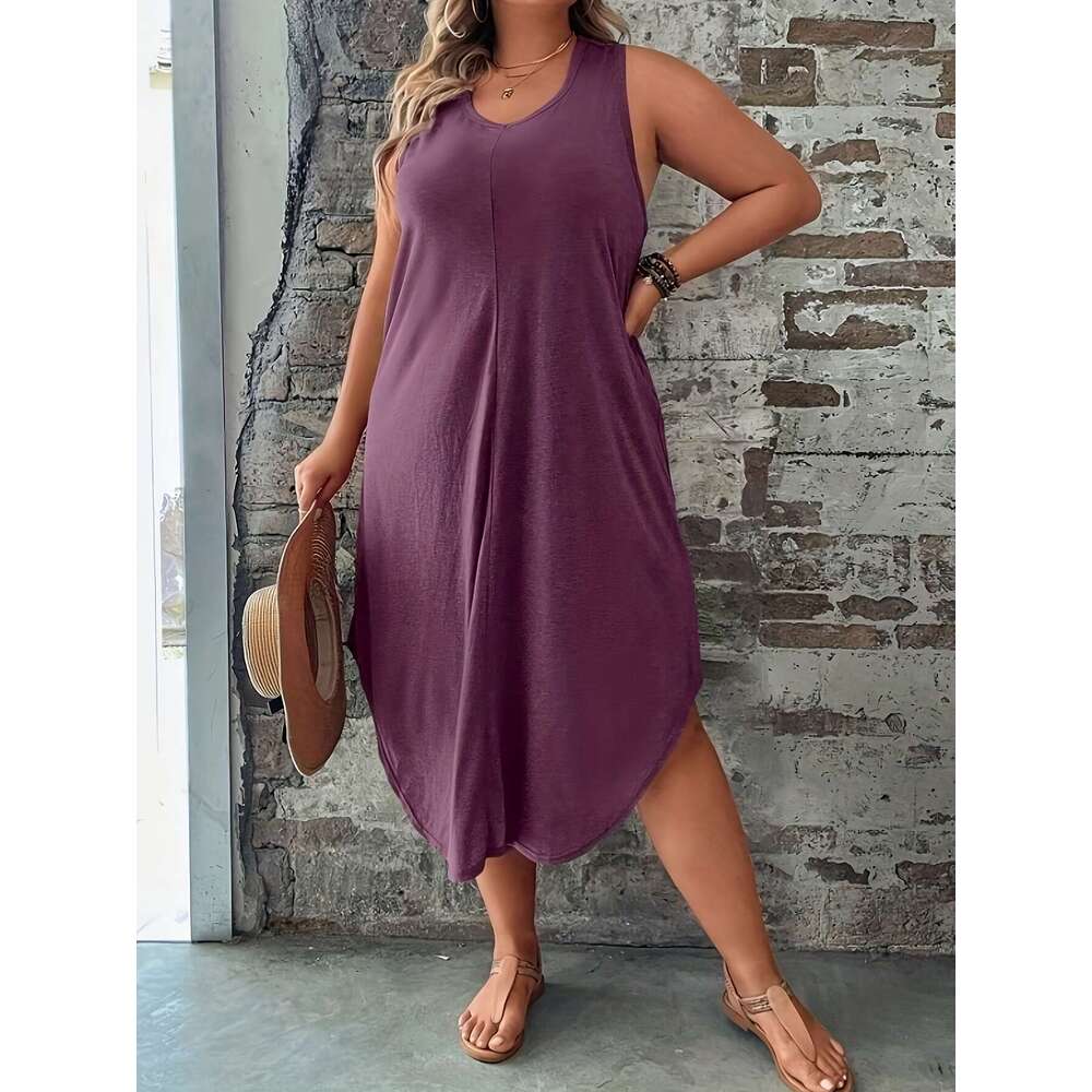 Large solid color curved hem vest skirt, spring and summer casual sleeveless dress, plus size women's clothing