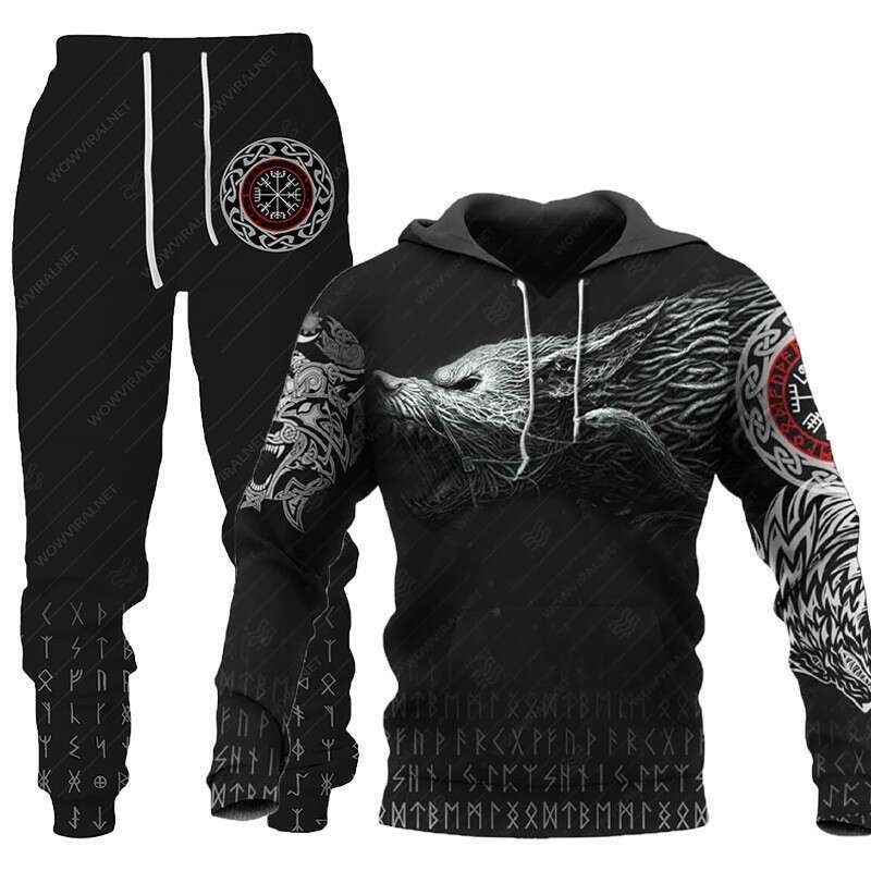 2024 New Fierce Wolf 3D Printed Set Spring Autumn European and American Men's Hoodie