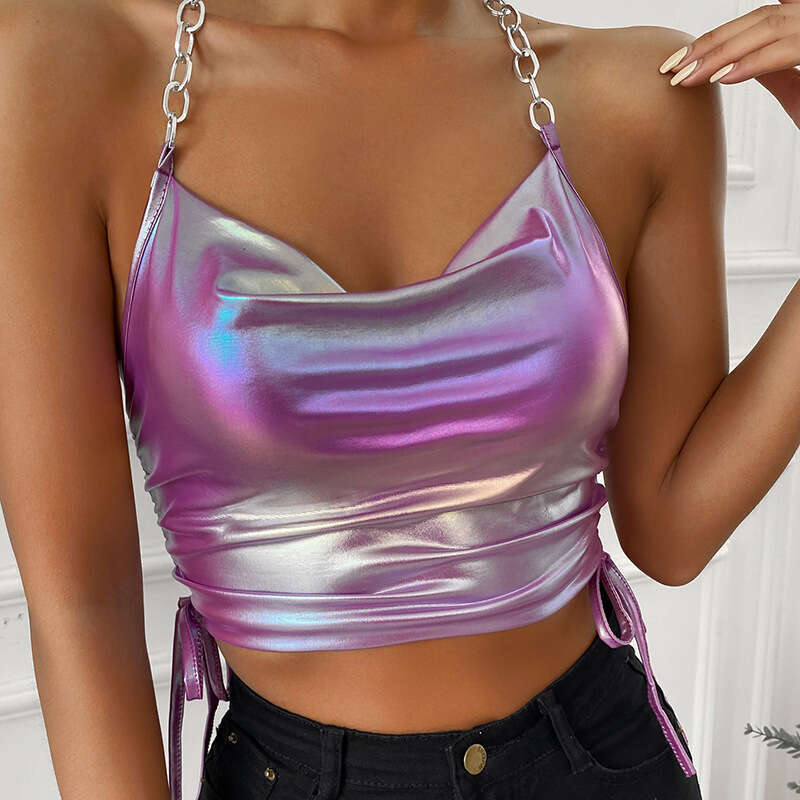 2023 Women's Summer Instagram Color Contrast Splicing Sleeveless Hanging Neck Slim Fit Open Back Small Tank Top for Women