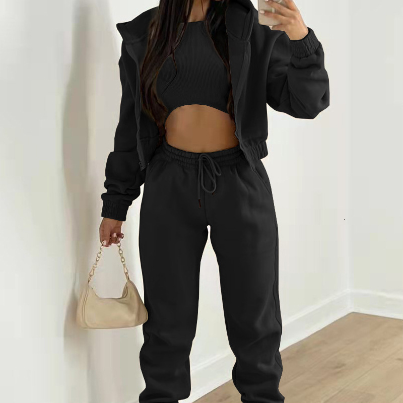 New Women's Solid Color Simple Hooded Sweater Sports Casual Pants Three Piece Set