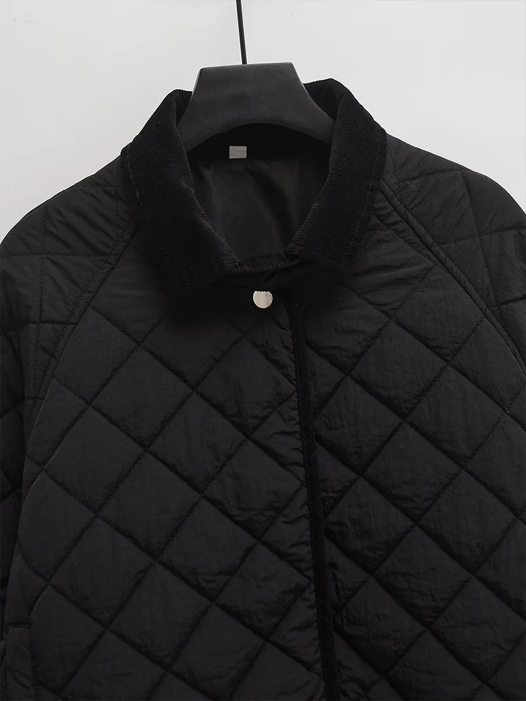 Autumn and winter 2024 womens casual simple diamond pattern quilted short version small high collar cotton jacket 241120
