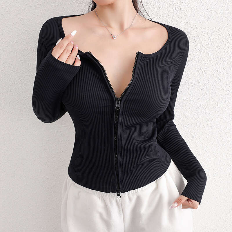 New Threaded Double Zipper Long Sleeve Coat for Women's Fiess Gym Speed Drying Running Training Sports Top Solid Color Yoga Clothes