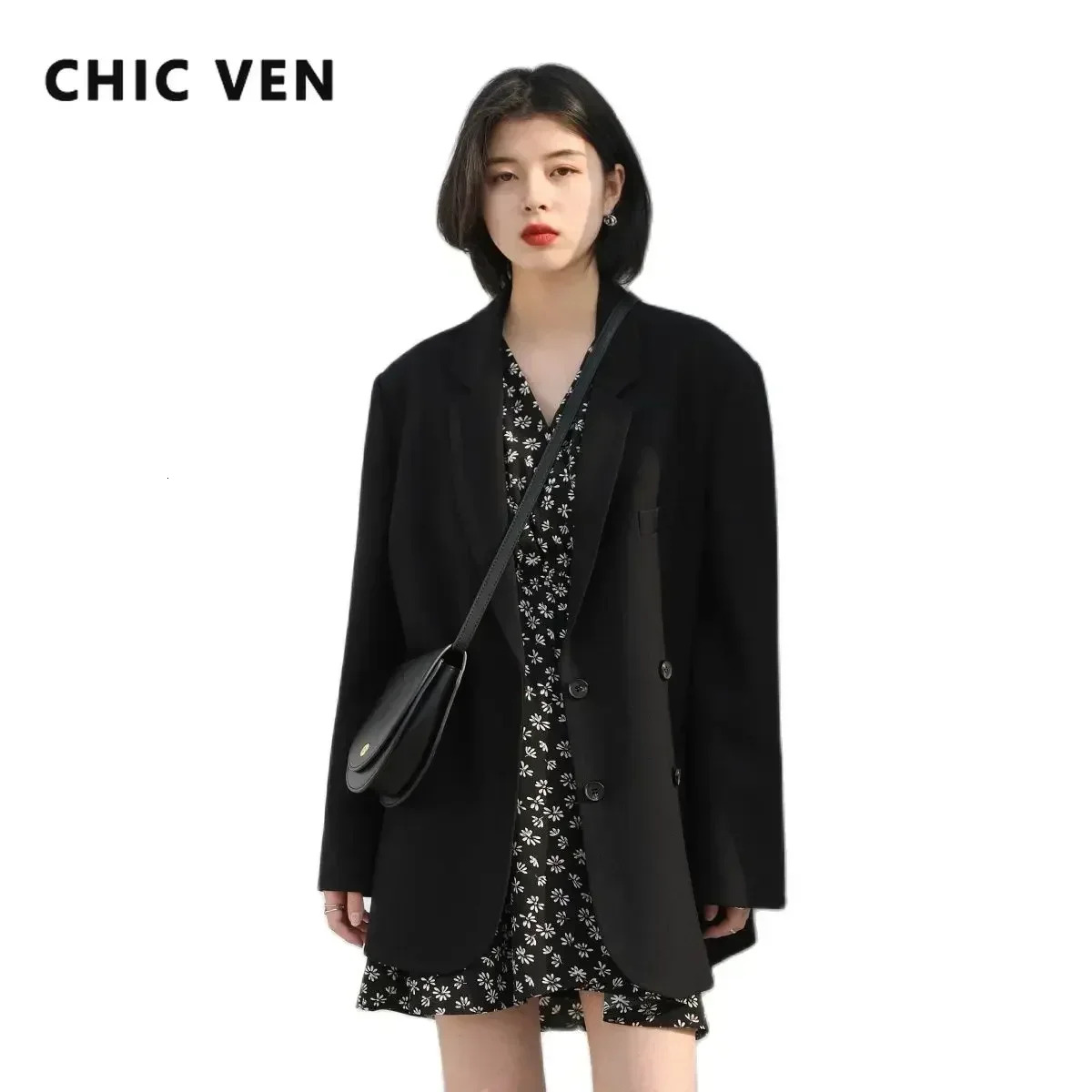 CHIC VEN 2021 Fashion Women's Blazer Office Lady Long Sleeve Double-Breasted Mid-Length Casual Coat Ladies Outerwear Stylish Top
