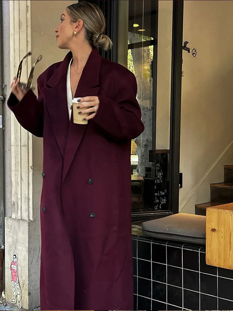 2024 Fashion Burgundy Lapel Overcoat For Women Elegant Double Breasted Full Sleeve Long Coat Autumn Female Casual Streetwear 241121